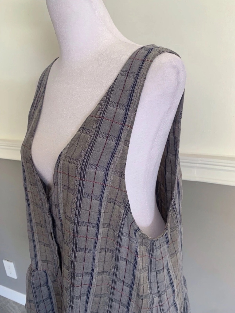 Free People Plaid Button-Front Sleeveless Tunic Dress in Gray - Picture 3 of 6